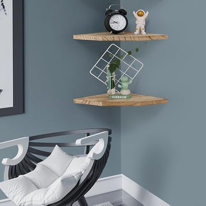 Joiishom Wood Corner Wall Shelves Set of 2, Solid Wood Corner Floating Shelves, Round End Wall Mounted Floating Corner Shelf for Bedroom, Living Room and Kitchen. (Carbonized-12 inch) - size: Carbonized-12 inch