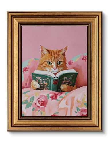 Cat Wall Art Vintage Gold Framed Wall Art Cat Reading Wall Decor,8x10in - color: Reading cat, size: 8"x10"