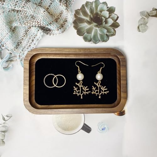 Wooden Jewelry Tray Small Trinket Dish with Velvet Surface Rings Earrings Dish Necklaces Bracelet Organizer Display Tray for Dresser Drawer Tabletop Birthday Gift(Rectangle) - size: Rectangle-Walnut