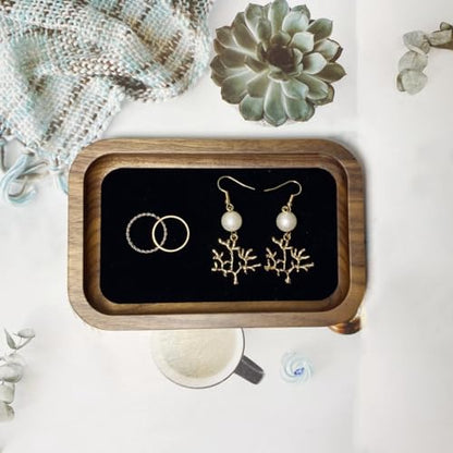 Wooden Jewelry Tray Small Trinket Dish with Velvet Surface Rings Earrings Dish Necklaces Bracelet Organizer Display Tray for Dresser Drawer Tabletop Birthday Gift(Rectangle) - size: Rectangle-Walnut