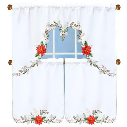 Simhomsen Embroidered Poinsettia Kitchen Window Curtain Swag and Tiers Set for Christmas Holiday (Poinsettia) - color: Poinsettia