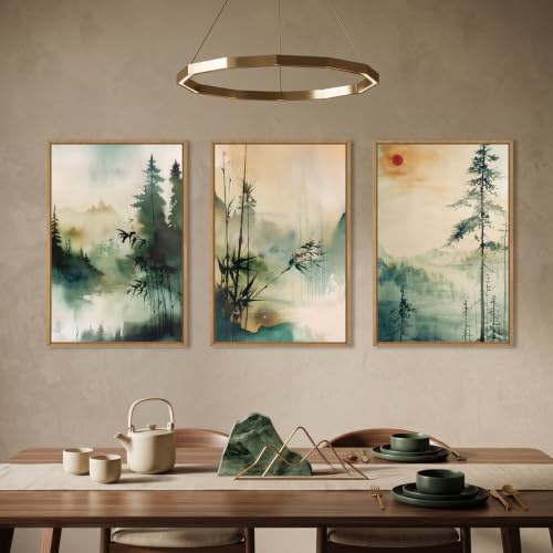 Celestdeco Chinoiserie Landscape Framed Canvas Wall Art Set-16"x24"x3 - color: Chinoiserie Wall Art, size: 16"L x 24"W