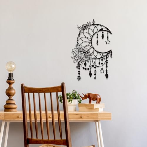 Xedatric Matte Black Moon Phase Metal Wall Art with Stars - color: Black