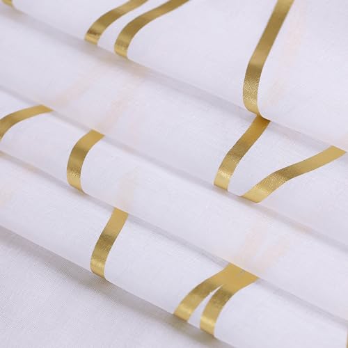 L.Z.E Sheer Curtains for Living Room, White and Gold See Through Sheer Curtains 63 Inches Long 2 Panels Set, Grommet Light Filtering Window Drapes with Elegant Wave Patterns - color: (Grommet) Gold Waves, size: 54"W x 63"L (Pack of 2)