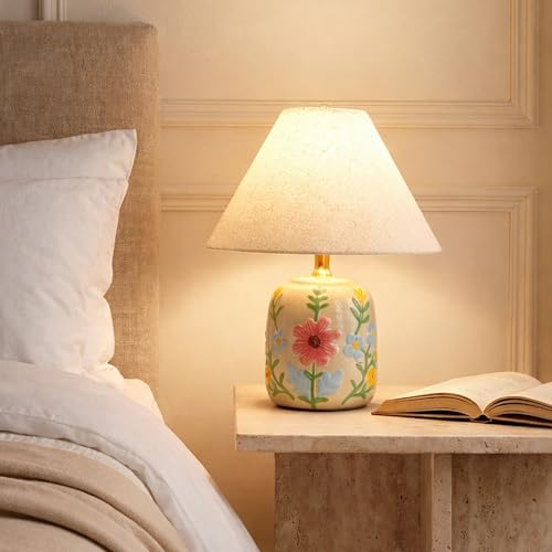 Abani Rosalie Floral 19” Table Lamp – Cream Ceramic Base with Wheat Linen Cylinder Shade, E26 2-Way Bulb Included – Elegant Bedside Lamp for Bedroom, Living Room, Entryway or Nightstand