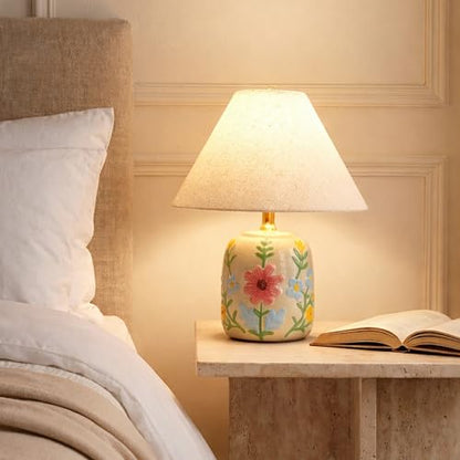 Abani Rosalie Floral 19” Table Lamp – Cream Ceramic Base with Wheat Linen Cylinder Shade, E26 2-Way Bulb Included – Elegant Bedside Lamp for Bedroom, Living Room, Entryway or Nightstand