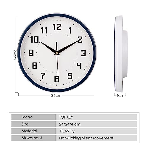 Topkey Silent Round Wall Clock Kitchen 9 Inch Modern Style Non-Ticking Decorative Bedroom Office Study Room Kitchen Wall Clock-Blue - color: Blue