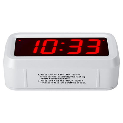 Digital Alarm Clock Battery Operated with LED Display for Bedrooms, Long Battery Life for 12 Months, 3 Brightness Adjustable, 12/24 Hour, Snooze, White Case with Red Digits - color: White-red