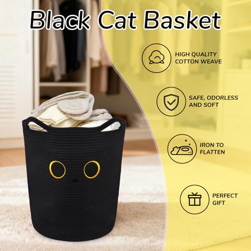 Tall Black Cat Laundry Basket for Nursery, Cute Large Woven Cotton Rope - color: Black, size: 15 × 18 inches