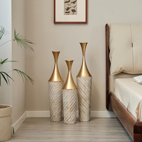 Metal Tall Floor Vase Set of 3, Large Gold Vase Decorative Tall Stand Vases for Dried Flower, Modern Home Decor for Living Room, Hallway, Wedding Centerpiece, 27.5"/31.5"/35.4", Woven Pattern Golden - color: Woven Pattern Golden