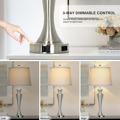 30" Silver Table Lamps Set of 2, 3-Way Dimmable Touch Living Room Lamp with USB A+C Ports and AC Outlet, Modern Brushed Nickel Bedroom Lamps, Tall Metal Bedside Lamp for Nightstand Side Table - color: Silver