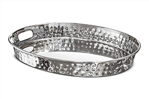 Monarch Abode Serving Tray with Handles – 17-Inch Hand Hammered Metal Platter for Living Room, Nickel Finish Large Ottoman Tray Accent for Coffee Table, Tea & Food Serving Dish for Party - color: Nickel Finish, size: 17" x 13" x 2"