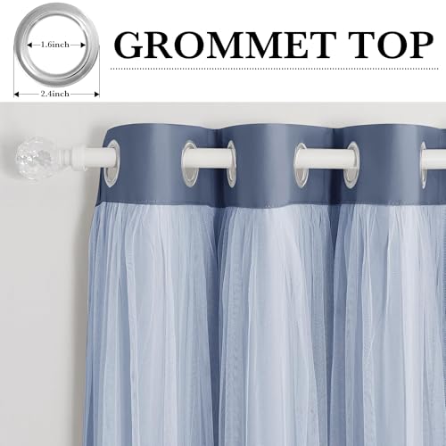 PONY DANCE Dusty Blue Blackout Curtains with White Sheer for Girls Bedroom - color: Blue Haze, size: 52"W x 72"L (Pack of 2)