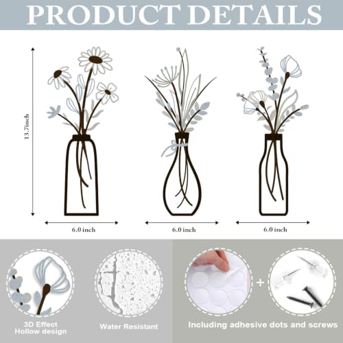 3 Pieces Metal Vase Flowers Wall Arts - Rustic Farmhouse Style Décor Metal Wall Art Black Minimalist Flower Natural Themed Wall Decors for Home Bedroom Dining Room Housewarming (Brown-Blue, Vase-C) - color: Brown-Blue