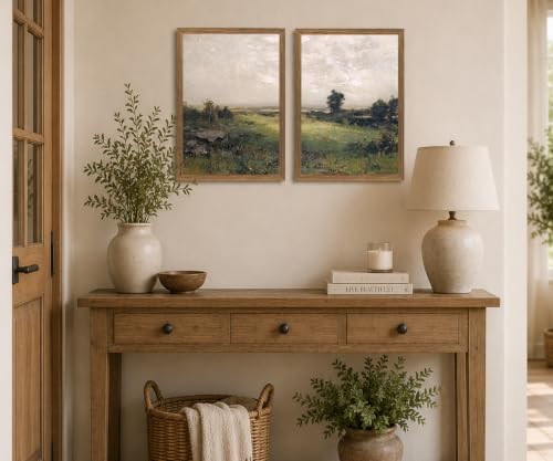 Landscape Wall Art Set of 2 Framed, Neutral Farmhouse Canvas Prints, - color: Green scenery, size: 12x16 Inches