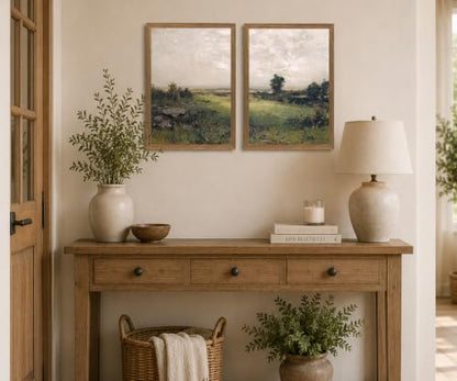 Landscape Wall Art Set of 2 Framed, Neutral Farmhouse Canvas Prints, - color: Green scenery, size: 12x16 Inches
