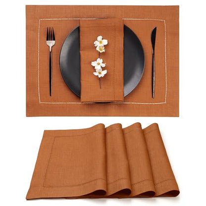 Signature Linen™ by D'Moksha, Rust Placemats Set of 4, 14 x 19 Inch, 100% Pure Linen Table Mats, Hemstitch, Machine Washable Cloth Placemats- Fall, Weddings, Outdoor Hosting - color: Rust, size: Set of 4 (14 X 19 Inch)