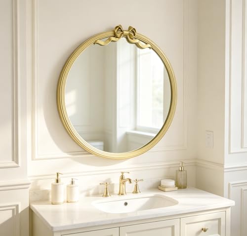 25" Round Wall Mirror with Gold Bow, Metal Frame Decorative Hanging Circle Mirror