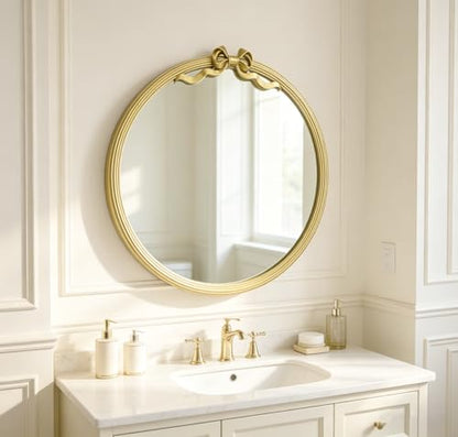 25" Round Wall Mirror with Gold Bow, Metal Frame Decorative Hanging Circle Mirror