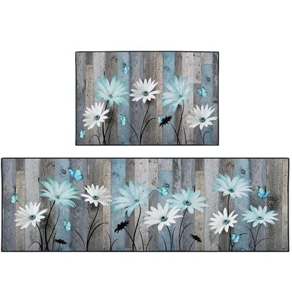 Kitchen Rugs Set of 2 Non Slip WashableFloral Butterfly - color: Rustic Daisies