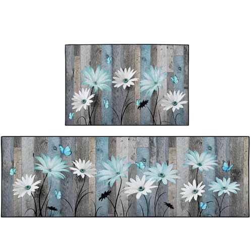 Kitchen Rugs Set of 2 Non Slip WashableFloral Butterfly - color: Rustic Daisies