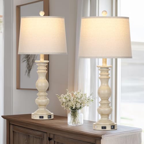 Cinkeda 28" Farmhouse Table Lamps Set of 2 with USB C+A Ports & AC Outlet for Vintage Living Room Retro Bedroom,3-Way Dimmable Touch Lamp Resin Bedside Lamps for Nightstand Side End Table, Beige - color: Beige