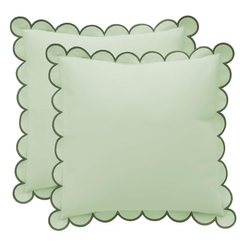 BEBE BASK Scalloped Pillow Cover Set of 2, 18x18, Cotton - Moss Green - color: Moss Green/Green