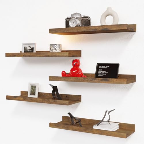 RICHER HOUSE 5-Set Floating Shelves with Lip, Brown Wall Mounted Wood Shelf - color: Brown, size: 16in