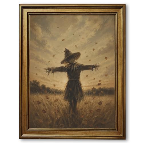 Autumn Scarecrow Wall Art Canvas Prints Rustic Farmhouse Fall Harvest Landscape Painting Poster Vintage Cottagecore Halloween Seasonal Decor for Living Room Bedroom Entryway 8x10inch Retro Gold Frame - color: Style-4 Golden Frame, size: 8"L x 10"W