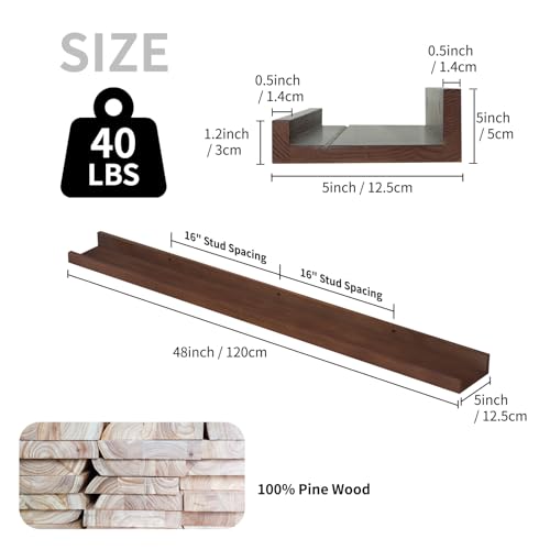 SAUMONIERES Picture Ledge Shelf Floating Book Shelves Set of 2 Wall Mounted Solid Wood for Bedroom Bathroom Living Room Kitchen, 48 Inch Walnut - color: Walnut, size: 48 inch