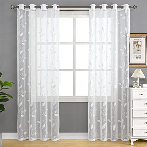 BGment White Sheer Curtains 84 Inches Long Living Room 2 Panels - color: White-foliage, size: 52"W x 84"L (Pack of 2)