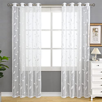 BGment White Sheer Curtains 84 Inches Long Living Room 2 Panels - color: White-foliage, size: 52"W x 84"L (Pack of 2)