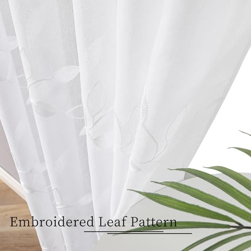 Tollpiz White Leaf Sheer Curtains Bedroom 54 x 84 Inches - color: White, size: 54"W x 84"L (Pack of 2)
