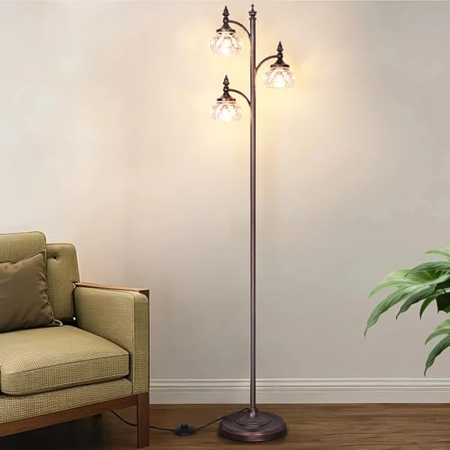 JUNNAI Brown Glass Floor Lamps for Living Room 66.5'' Standing Lamp with 3 Brightness Lights Vintage Mid Century Modern Pole Bronze Tree Lamp for Bedroom Office(3LED Bulbs Included) - color: Brown
