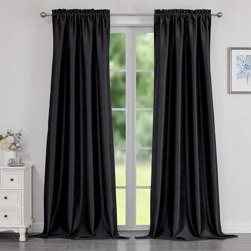 Chyhomenyc Uptown Black Faux Silk Curtains 96 Inch Length 2 Panels for Bedroom, Shiny Luxury Room Darkening Slub Textured Soft Fabric Rod Pocket Window Drapes, Each 40x96 Inches, 8 FT - color: Black, size: 40"W x 96"L (Pack of 2)