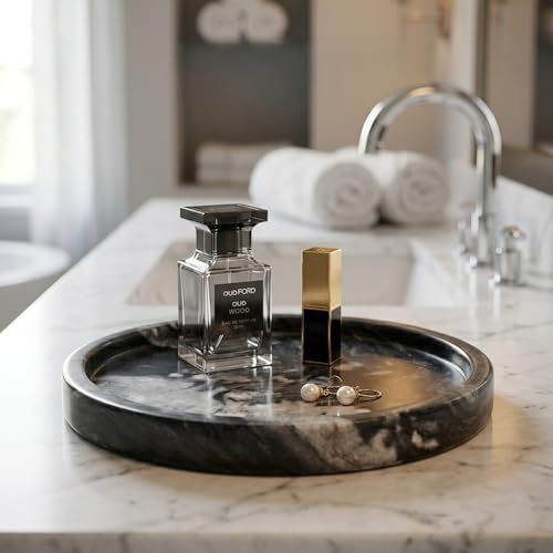 Round Grooved Marble Tray, 10-Inch Polished Natural Stone Serving Platter | Heavyweight 5lb Decorative Vanity Tray for Kitchen, Bathroom, Coffee Bar, Perfume Organizer & Charcuterie Board - color: Gray, size: 10"