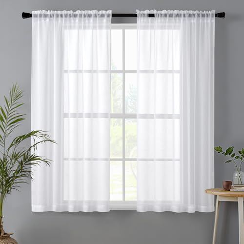 MIULEE Semi White Linen Textured Sheer Curtains 54W×63L Rod Pocket 2 Panels - color: White, size: 54"W x 63"L (Pack of 2)