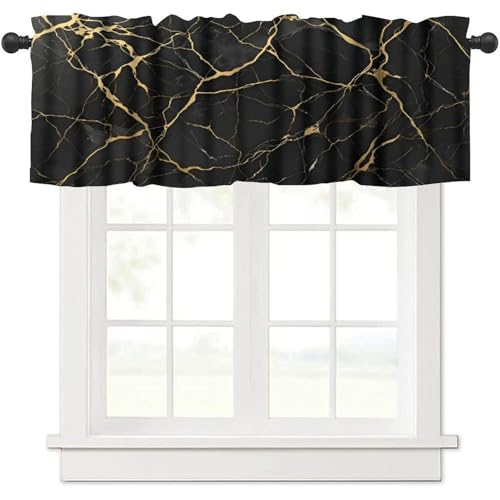 Gold Black Marble Valance, Modern Luxury Vinatge Marbling Abstract Ink Art Painting Blackout Short Window Curtain Treatment for Kitchen Bedroom Cafe Living Room, 54x18inch - color: Marble-11