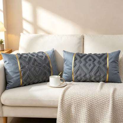 Luxury Patchwork Tufted Lumber Pillow Cover 12x20 Inch Set of 2 - color: Blue Gery, size: 20" x 12" (Pack of 2)