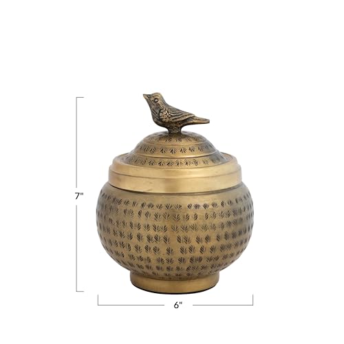 Round Hammered Metal Container with Bird Finial, Brass Finish - size: 6 inches (Diameter) x 7 inches (Height), style: Bird