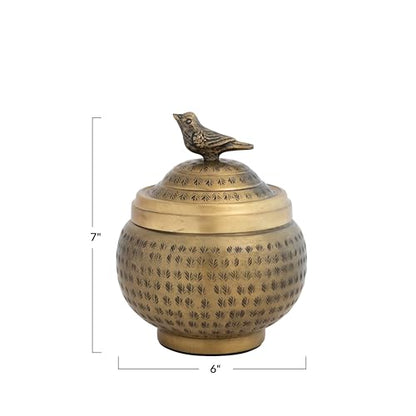 Round Hammered Metal Container with Bird Finial, Brass Finish - size: 6 inches (Diameter) x 7 inches (Height), style: Bird