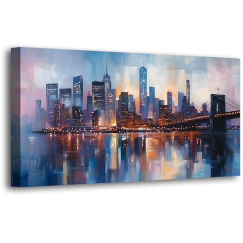 Abstraction Pictures Canvas Wall Art for Living room Office Bedroom Wall Decor,City Wall Art Print Paintings Modern Blue Great bridge Artwork Waterproof Ready to Hang-20x40inch - color: Blue abstract city night view, size: 40"L x 20"W