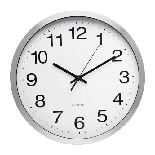 Wall Clock 12 Inch Silver Brushed Finish Silent Non Ticking Indoor Clock Round Battery Operated Stainless Steel Wall Clocks for Home, Office, Hotel, Bedroom, Living Room, Kitchen (Pack of 2) - color: White-silver Brushed Finish, size: 12 Inch (Pack of 2)