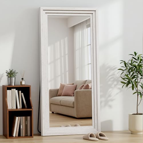 Wood Full Length Mirror 71"x30", Large Solid Wood Frame Floor Mirror - color: White, size: 71"L x 30"W