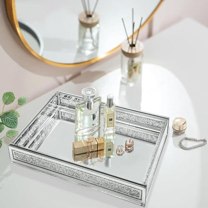 Crush Diamond Mirror Perfume Tray, Silver Glass Mirror Trays for Vanity - color: Clear,rectangular