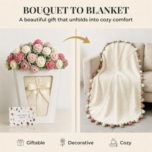 Rose Crochet Flower Bouquet Blanket, Handmade Knitted Throw Blanket - color: Tricolor Rose, size: Medium
