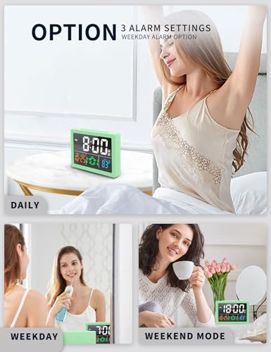 JALL Digital Clock with Date Day for Seniors, Electric Alarm Clocks for Bedrooms with Temperature, 2 Alarms, Dimmer, Dual USB Charger, Battery Backup, Volume Control, Snooze, Bedside Desk Clock, Green - color: Green