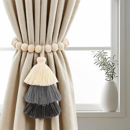 Magnetic Curtain Tiebacks with Wood Beads, Boho Rope Drapery Holdbacks with Triple Tassels, No Drill Curtain Holders for Farmhouse Bedroom, Living Room or Nursery,Set of 2, Beige Grey Charcoal - color: Beige/Gray/Charcoal
