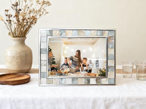 Silver Plate Picture Frame 4x6 Mother of Pearl 4 by 6 Photo Frame Mosaic Glass Tabletop Frame (Grey+ White,1pc) - color: Grey, size: 4x6 Inch