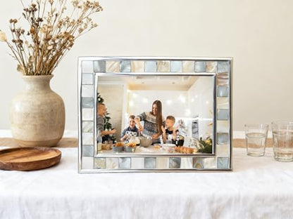Silver Plate Picture Frame 4x6 Mother of Pearl 4 by 6 Photo Frame Mosaic Glass Tabletop Frame (Grey+ White,1pc) - color: Grey, size: 4x6 Inch